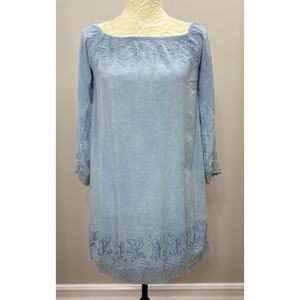 Blue Embroidered Lace Trim Off Shoulder Mini Dress Medium Country Beach Coastal